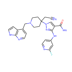 N#CCC1(n2cc(C(N)=O)c(Nc3ccnc(F)c3)n2)CCN(Cc2ccnc3[nH]ccc23)CC1 ZINC000222084717