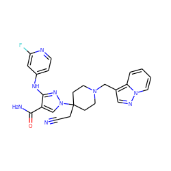 N#CCC1(n2cc(C(N)=O)c(Nc3ccnc(F)c3)n2)CCN(Cc2cnn3ccccc23)CC1 ZINC000220980233