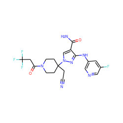 N#CCC1(n2cc(C(N)=O)c(Nc3cncc(F)c3)n2)CCN(C(=O)CC(F)(F)F)CC1 ZINC000222097498