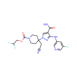 N#CCC1(n2cc(C(N)=O)c(Nc3cncc(F)c3)n2)CCN(C(=O)OCC(F)F)CC1 ZINC000222096442