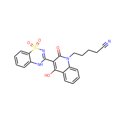 N#CCCCCn1c(=O)c(C2=NS(=O)(=O)c3ccccc3N2)c(O)c2ccccc21 ZINC000101077629