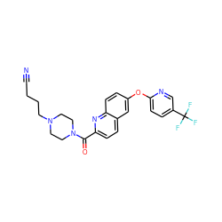 N#CCCCN1CCN(C(=O)c2ccc3cc(Oc4ccc(C(F)(F)F)cn4)ccc3n2)CC1 ZINC001772589641