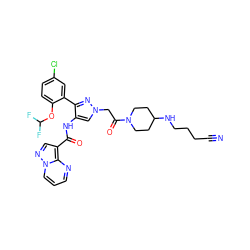 N#CCCCNC1CCN(C(=O)Cn2cc(NC(=O)c3cnn4cccnc34)c(-c3cc(Cl)ccc3OC(F)F)n2)CC1 ZINC001772570356
