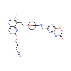 N#CCCCOc1ccc2ncc(F)c(CCC34CCC(NCc5ccc6c(n5)NC(=O)CO6)(CC3)CO4)c2n1 ZINC000149219791