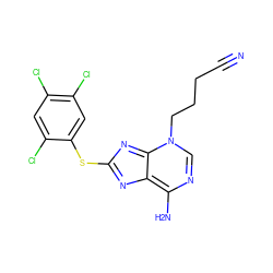 N#CCCCn1cnc(N)c2nc(Sc3cc(Cl)c(Cl)cc3Cl)nc1-2 ZINC000299856369