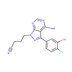 N#CCCCn1nc(-c2ccc(F)c(O)c2)c2c(N)ncnc21 ZINC000008581912