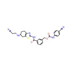 N#CCCN[C@H]1CCc2nc(NC(=O)c3cccc(COC(=O)Nc4ccc(C#N)cc4)c3)sc2C1 ZINC000473215520