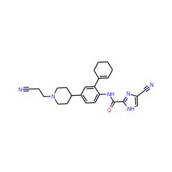 N#CCCN1CCC(c2ccc(NC(=O)c3nc(C#N)c[nH]3)c(C3=CCCCC3)c2)CC1 ZINC000095577865