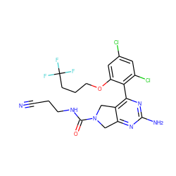 N#CCCNC(=O)N1Cc2nc(N)nc(-c3c(Cl)cc(Cl)cc3OCCCC(F)(F)F)c2C1 ZINC000071318294