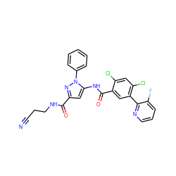 N#CCCNC(=O)c1cc(NC(=O)c2cc(-c3ncccc3F)c(Cl)cc2Cl)n(-c2ccccc2)n1 ZINC001772632621