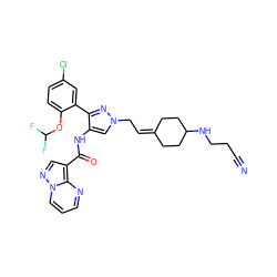 N#CCCNC1CCC(=CCn2cc(NC(=O)c3cnn4cccnc34)c(-c3cc(Cl)ccc3OC(F)F)n2)CC1 ZINC001772640135