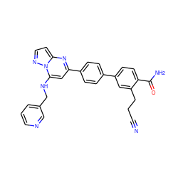 N#CCCc1cc(-c2ccc(-c3cc(NCc4cccnc4)n4nccc4n3)cc2)ccc1C(N)=O ZINC001772629159