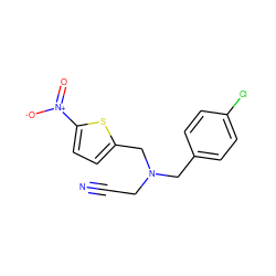 N#CCN(Cc1ccc(Cl)cc1)Cc1ccc([N+](=O)[O-])s1 ZINC000084689180