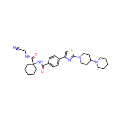 N#CCNC(=O)C1(NC(=O)c2ccc(-c3csc(N4CCC(N5CCCCC5)CC4)n3)cc2)CCCCC1 ZINC000013676393