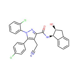 N#CCc1c(C(=O)N[C@@H]2c3ccccc3C[C@@H]2O)nn(-c2ccccc2Cl)c1-c1ccc(Cl)cc1 ZINC000045352026