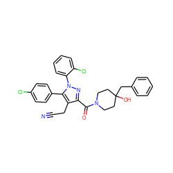 N#CCc1c(C(=O)N2CCC(O)(Cc3ccccc3)CC2)nn(-c2ccccc2Cl)c1-c1ccc(Cl)cc1 ZINC000049756375