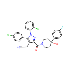 N#CCc1c(C(=O)N2CCC(O)(c3ccc(F)cc3)CC2)nn(-c2ccccc2Cl)c1-c1ccc(Cl)cc1 ZINC000049761979