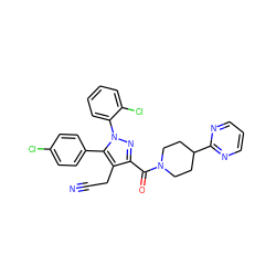 N#CCc1c(C(=O)N2CCC(c3ncccn3)CC2)nn(-c2ccccc2Cl)c1-c1ccc(Cl)cc1 ZINC000045351035