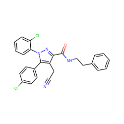 N#CCc1c(C(=O)NCCc2ccccc2)nn(-c2ccccc2Cl)c1-c1ccc(Cl)cc1 ZINC000045336205