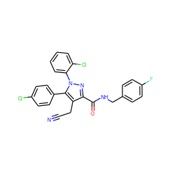 N#CCc1c(C(=O)NCc2ccc(F)cc2)nn(-c2ccccc2Cl)c1-c1ccc(Cl)cc1 ZINC000045339957