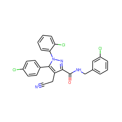 N#CCc1c(C(=O)NCc2cccc(Cl)c2)nn(-c2ccccc2Cl)c1-c1ccc(Cl)cc1 ZINC000045374560