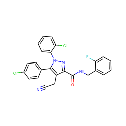 N#CCc1c(C(=O)NCc2ccccc2F)nn(-c2ccccc2Cl)c1-c1ccc(Cl)cc1 ZINC000045337912