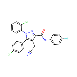 N#CCc1c(C(=O)Nc2ccc(F)cc2)nn(-c2ccccc2Cl)c1-c1ccc(Cl)cc1 ZINC000045384795