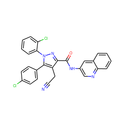 N#CCc1c(C(=O)Nc2cnc3ccccc3c2)nn(-c2ccccc2Cl)c1-c1ccc(Cl)cc1 ZINC000045337059