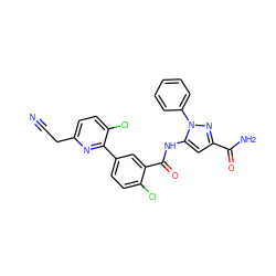 N#CCc1ccc(Cl)c(-c2ccc(Cl)c(C(=O)Nc3cc(C(N)=O)nn3-c3ccccc3)c2)n1 ZINC001772622028