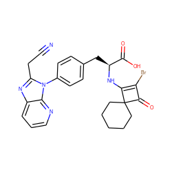 N#CCc1nc2cccnc2n1-c1ccc(C[C@H](NC2=C(Br)C(=O)C23CCCCC3)C(=O)O)cc1 ZINC000100077387