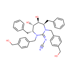 N#CN=C1N(Cc2ccc(CO)cc2)[C@H](Cc2ccccc2)[C@H](O)[C@@H](O)[C@@H](Cc2ccccc2)N1Cc1ccc(CO)cc1 ZINC000014943484