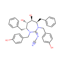 N#CN=C1N(Cc2ccc(O)cc2)[C@H](Cc2ccccc2)[C@H](O)[C@@H](O)[C@@H](Cc2ccccc2)N1Cc1ccc(O)cc1 ZINC000014943482