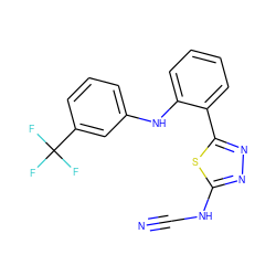 N#CNc1nnc(-c2ccccc2Nc2cccc(C(F)(F)F)c2)s1 ZINC000013828134