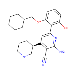 N#Cc1c([C@@H]2CCCNC2)cc(-c2c(O)cccc2OCC2CCCCC2)nc1N ZINC000028362653