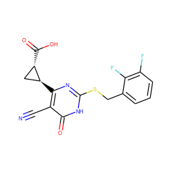 N#Cc1c([C@H]2C[C@@H]2C(=O)O)nc(SCc2cccc(F)c2F)[nH]c1=O ZINC000147423157