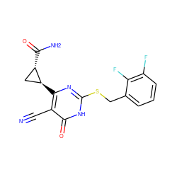 N#Cc1c([C@H]2C[C@@H]2C(N)=O)nc(SCc2cccc(F)c2F)[nH]c1=O ZINC000146674394