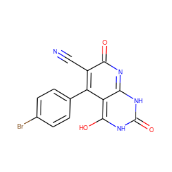 N#Cc1c(-c2ccc(Br)cc2)c2c(O)[nH]c(=O)[nH]c-2nc1=O ZINC000032071373