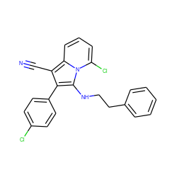 N#Cc1c(-c2ccc(Cl)cc2)c(NCCc2ccccc2)n2c(Cl)cccc12 ZINC000036185203