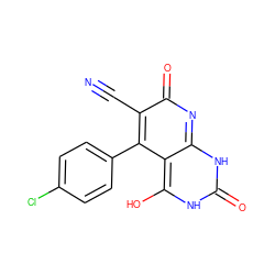 N#Cc1c(-c2ccc(Cl)cc2)c2c(O)[nH]c(=O)[nH]c-2nc1=O ZINC000034397765