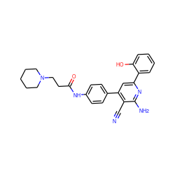 N#Cc1c(-c2ccc(NC(=O)CCN3CCCCC3)cc2)cc(-c2ccccc2O)nc1N ZINC000013488173