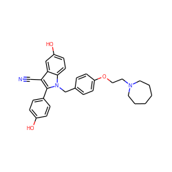 N#Cc1c(-c2ccc(O)cc2)n(Cc2ccc(OCCN3CCCCCC3)cc2)c2ccc(O)cc12 ZINC000140280490