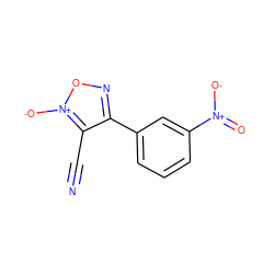 N#Cc1c(-c2cccc([N+](=O)[O-])c2)no[n+]1[O-] ZINC000013831551