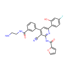 N#Cc1c(-c2cccc(C(=O)NCCN)c2)cc(-c2ccc(F)cc2O)nc1NC(=O)c1ccco1 ZINC000049803167