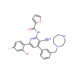 N#Cc1c(-c2cccc(CN3CCCNCC3)c2)cc(-c2ccc(F)cc2O)nc1NC(=O)c1ccco1 ZINC000034998889