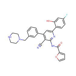 N#Cc1c(-c2cccc(CN3CCNCC3)c2)cc(-c2ccc(F)cc2O)nc1NC(=O)c1ccco1 ZINC000053246934