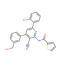 N#Cc1c(-c2cccc(CO)c2)cc(-c2ccccc2O)nc1NC(=O)c1cccs1 ZINC000049803391