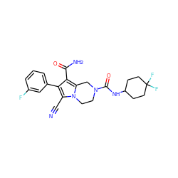 N#Cc1c(-c2cccc(F)c2)c(C(N)=O)c2n1CCN(C(=O)NC1CCC(F)(F)CC1)C2 ZINC000223376467