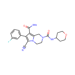 N#Cc1c(-c2cccc(F)c2)c(C(N)=O)c2n1CCN(C(=O)NC1CCOCC1)C2 ZINC000223381415