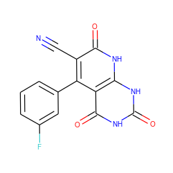 N#Cc1c(-c2cccc(F)c2)c2c(=O)[nH]c(=O)[nH]c2[nH]c1=O ZINC001772621709