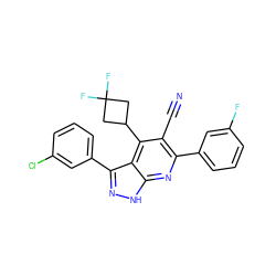 N#Cc1c(-c2cccc(F)c2)nc2[nH]nc(-c3cccc(Cl)c3)c2c1C1CC(F)(F)C1 ZINC001772611399